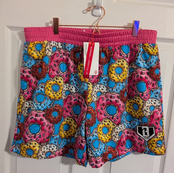 New Baseball Lifestyle 101 Mens Shorts Donuts Print Pink Blue Size Large Active